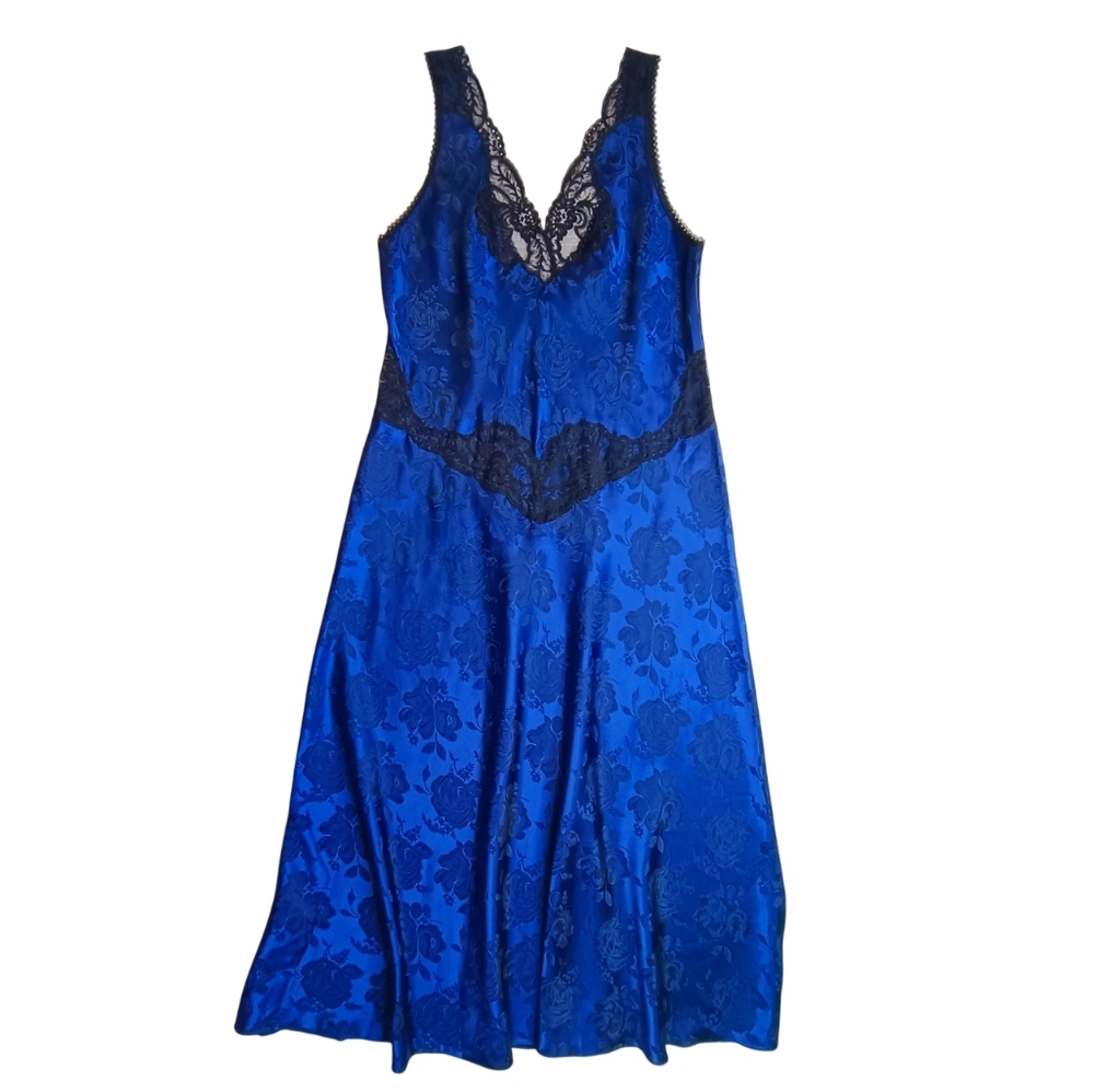 Linda Montreal Satin Floral Jacquard Midnight Blue Slip Dress with Lace Trim M